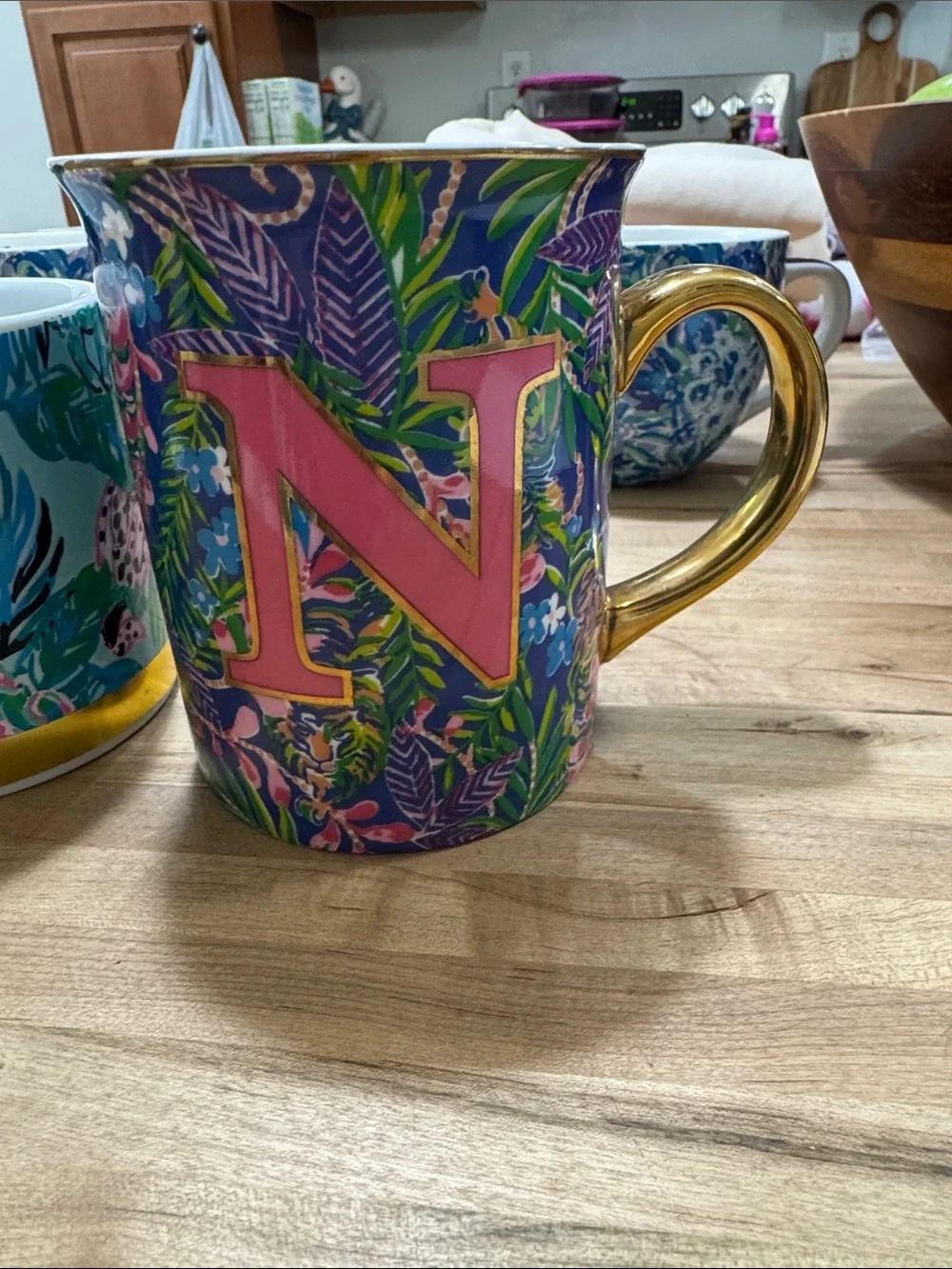 Lilly Pulitzer Pink Monogram N Floral Gold-Handled Mug